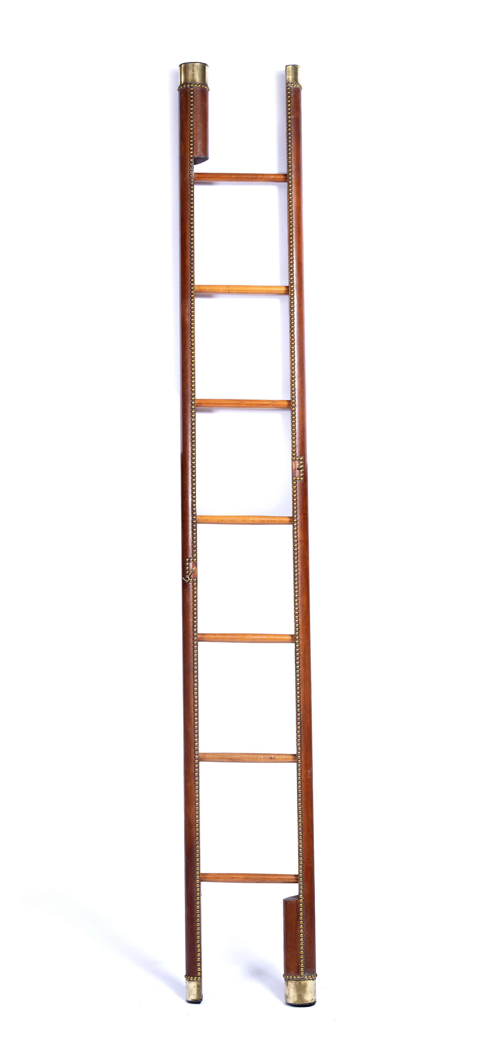 A seven rung folding library pole ladder c1975 by Arthur Brett and Sons with outer brass studded
