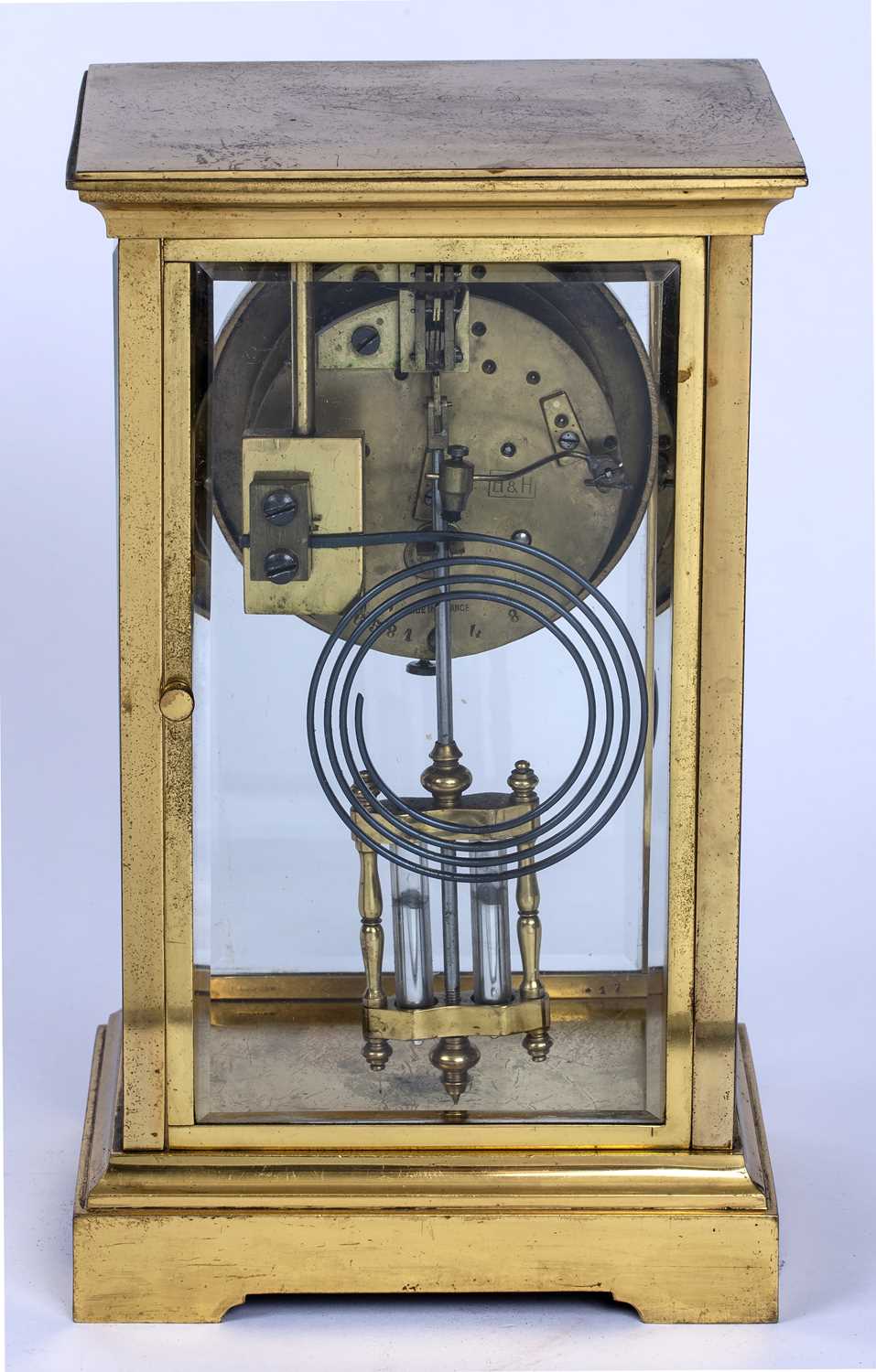 A late 19th century brass four glass mantel clock, with circular white enamel dial, the movement - Image 4 of 5
