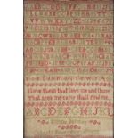 A needlework sampler worked by Emma Barclay woven with alphabet, numerals and prose, dated 'Caboots,