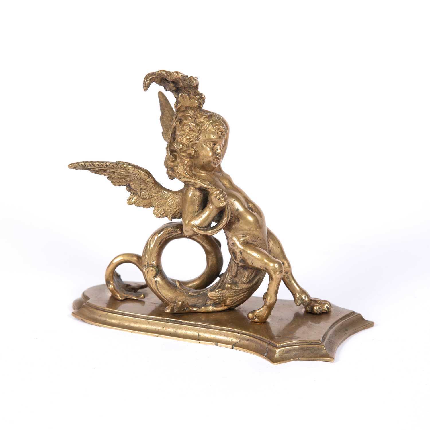 A late 17th Century Italian gilt bronze mount, in the form of a putti with hippocampus tail and - Image 2 of 4