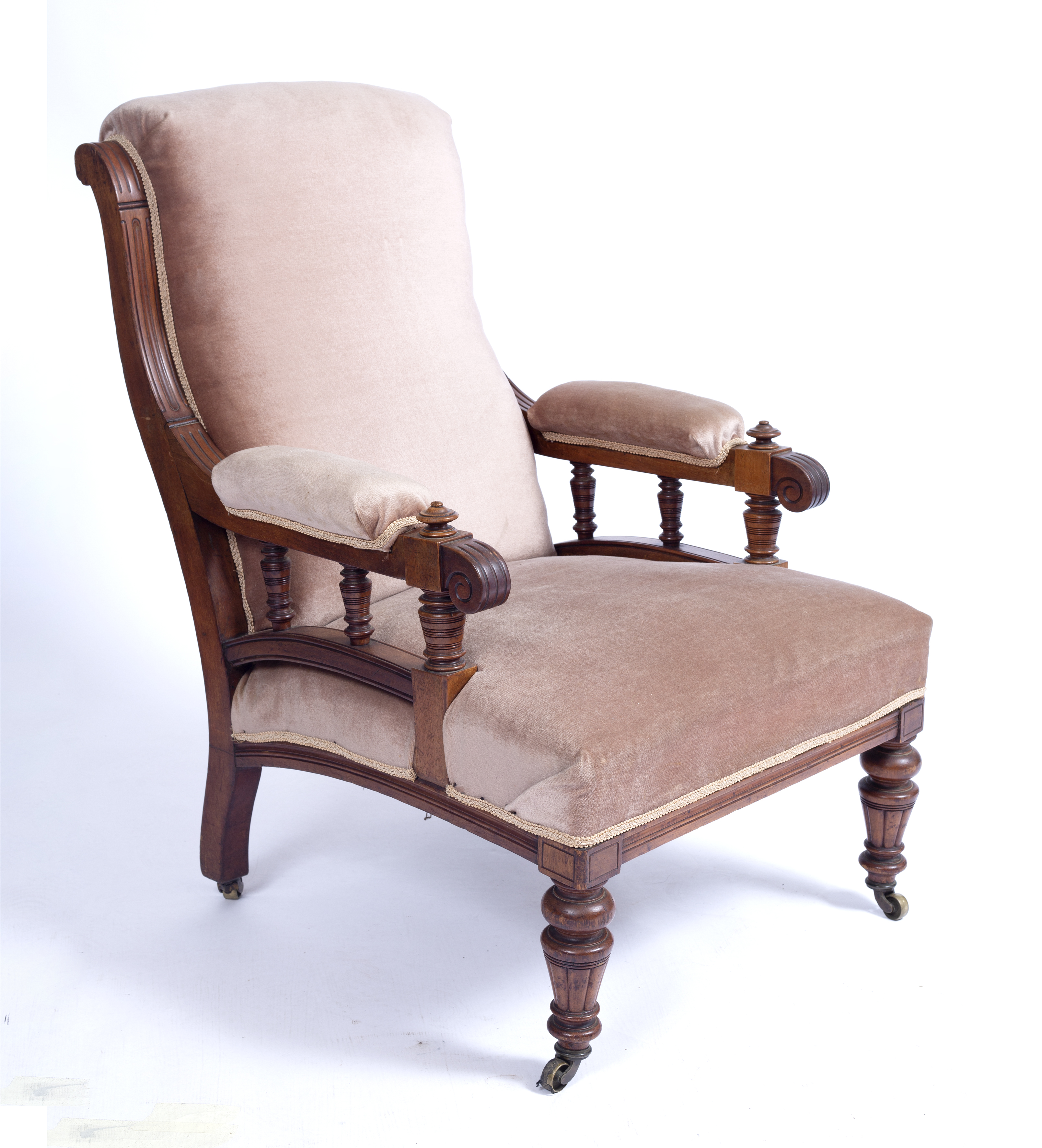 A late Victorian walnut frame armchair with turned legs and arm supports upholstered in brown - Image 2 of 2