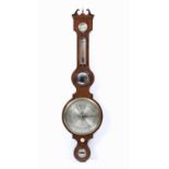 A 19th century mahogany banjo wheel barometer with a swan neck pediment above hygrometer dial,