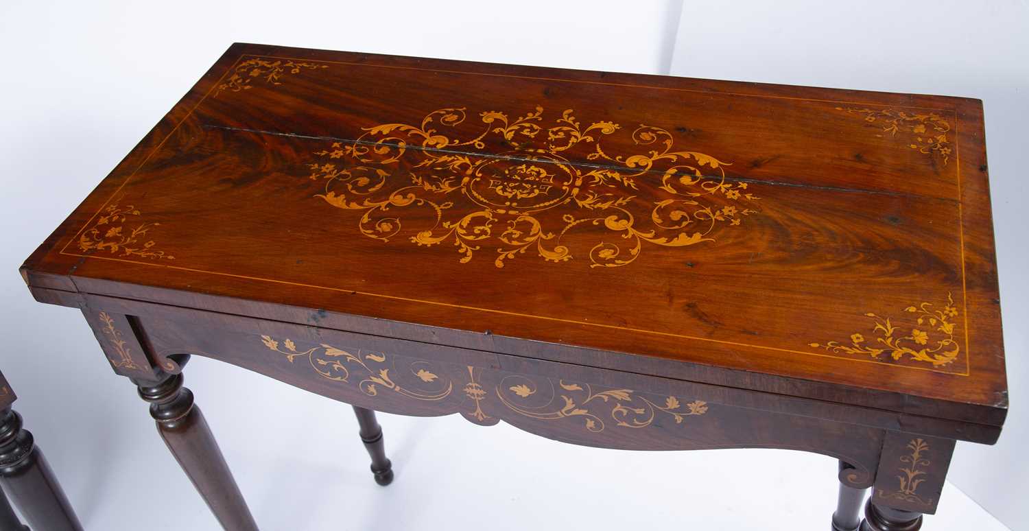 A pair of Victorian mahogany fold over top card tables, the tops inlaid with scrolling and flowering - Image 2 of 5