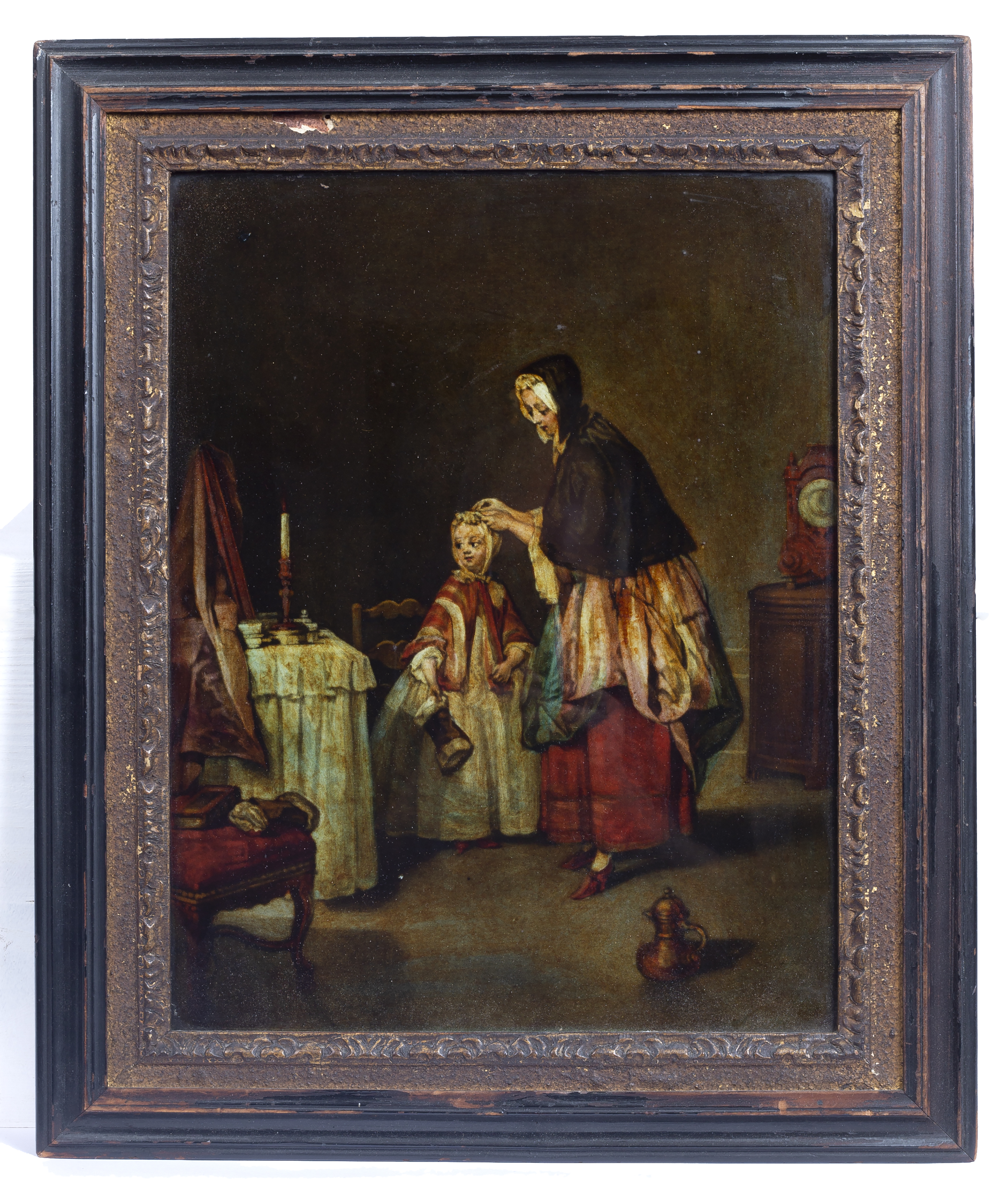 A 19th century reverse glass print of a mother and child in an interior in ebonised frame with