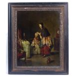 A 19th century reverse glass print of a mother and child in an interior in ebonised frame with