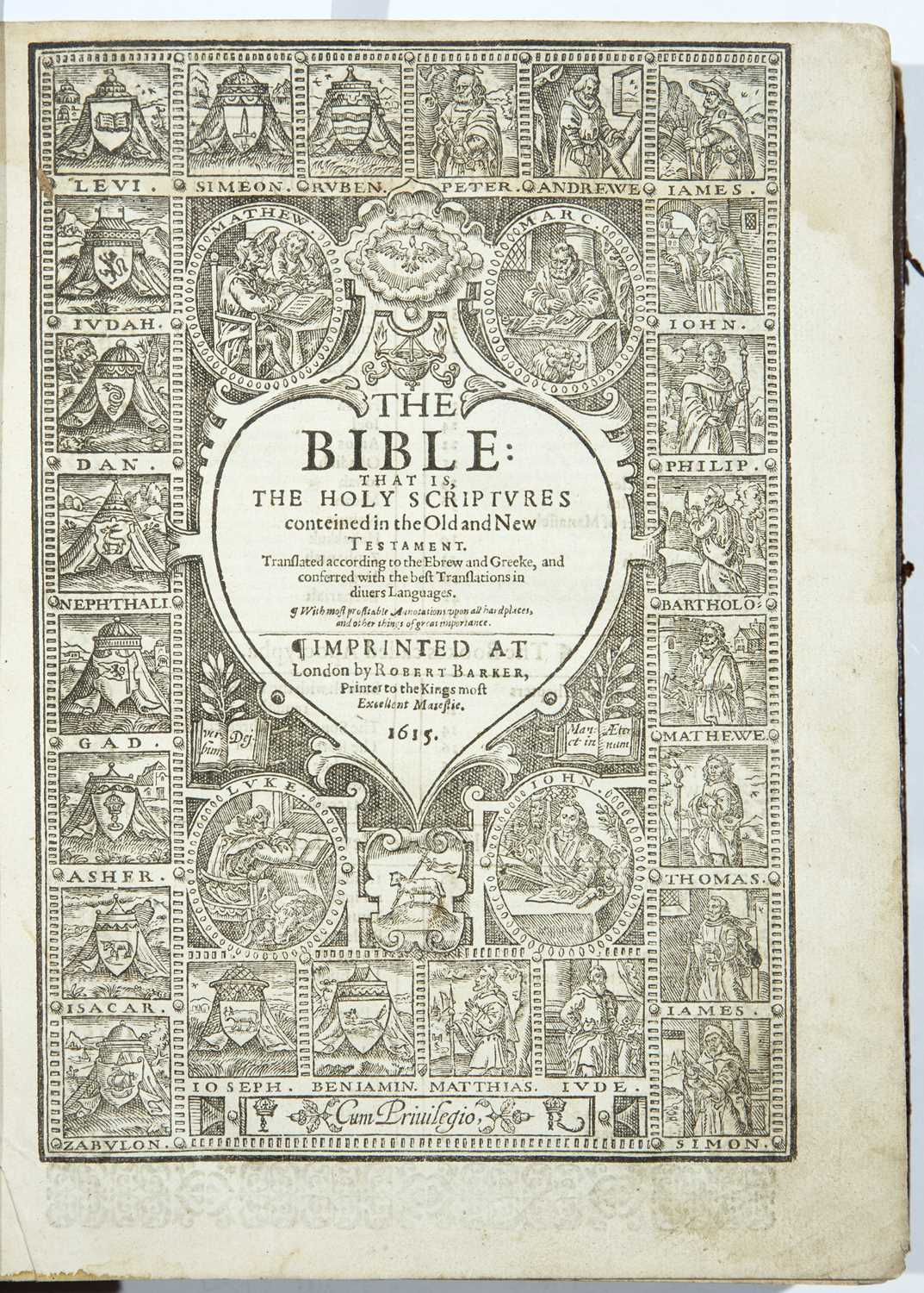 A 17th century 'Breeches' Bible. Robert Barker, London 1615 with engraved title page. 2/3pp - Image 2 of 4