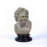 A 19th century marble bust of a young girl, with curled hair, 28cm high, on ebonised socle base