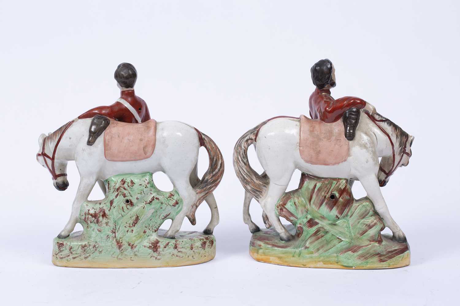 A pair of Staffordshire pottery figures, of Garibaldi & Napier, each standing beside a grey horse, - Image 2 of 3
