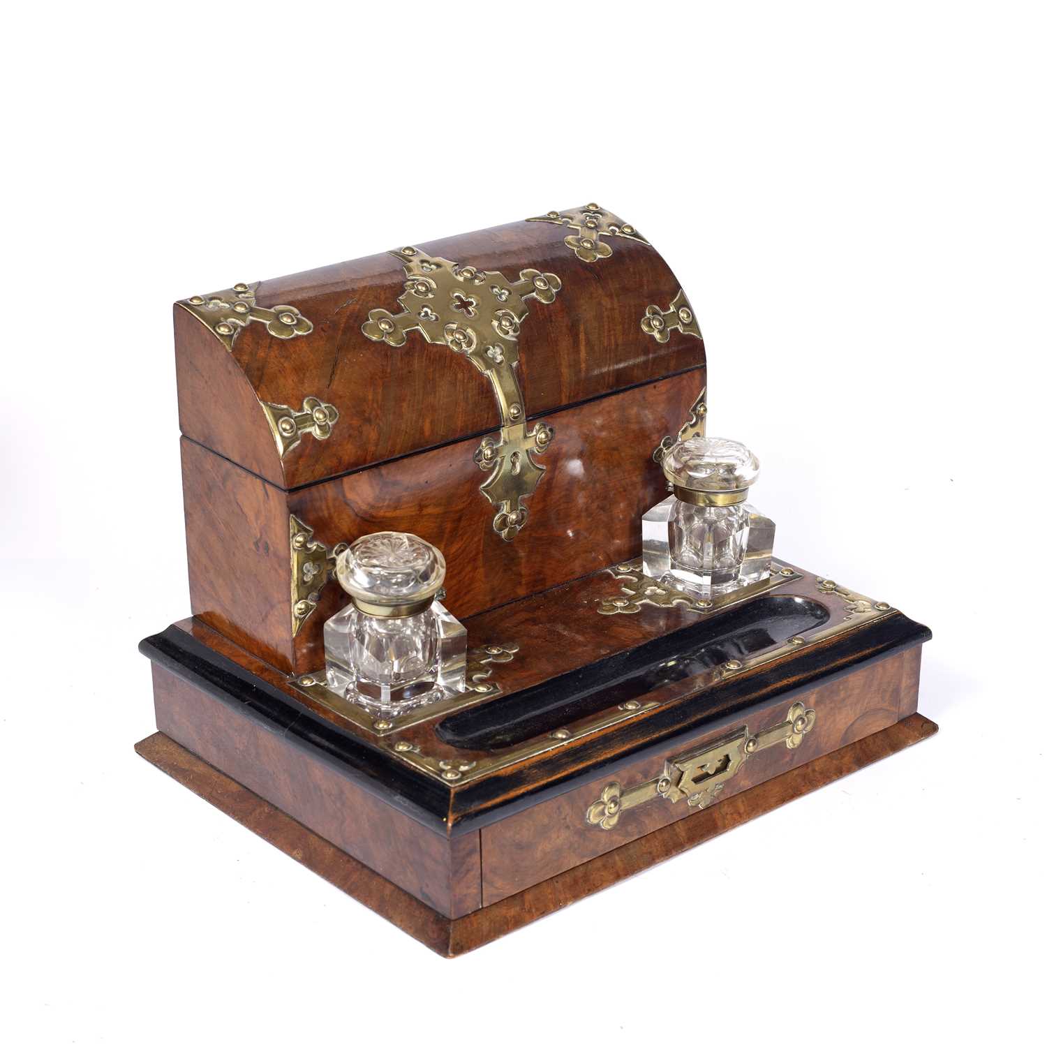 A Victorian figured walnut and brass mounted library desk stand, with correspondence box, twin glass