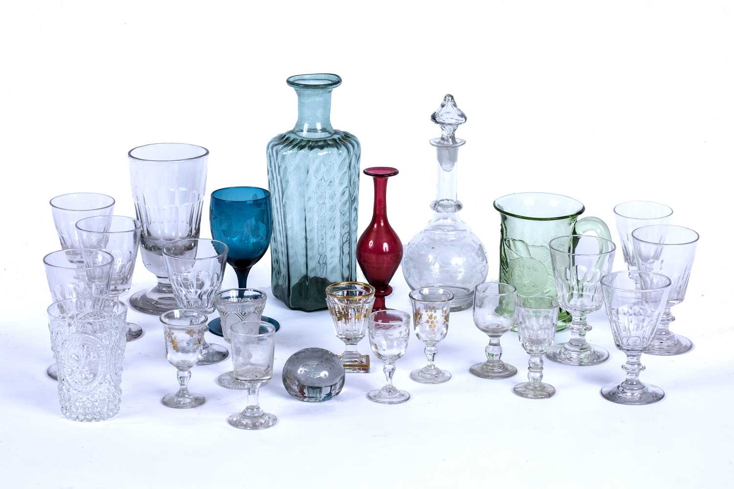 A collection of glassware, to include a 19th century ale glass with faceted sides, a matched set