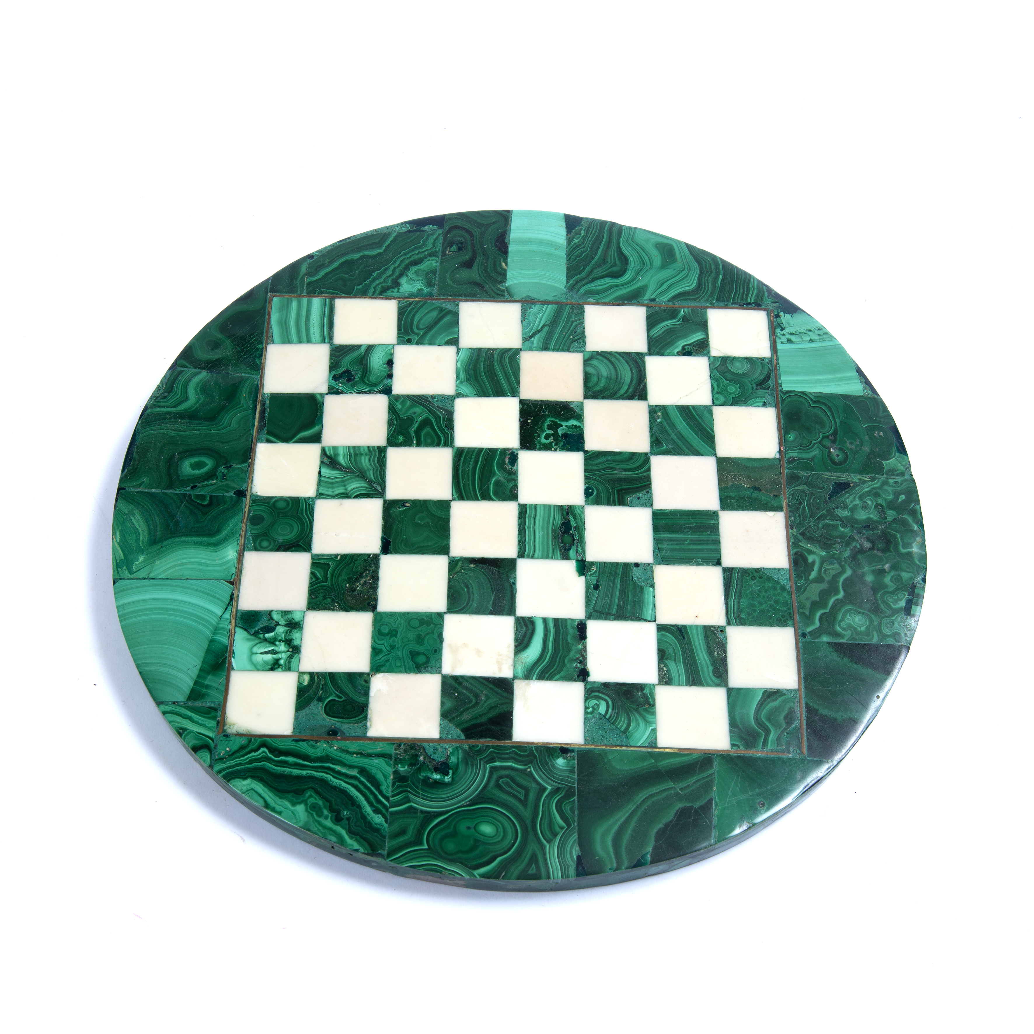A Malachite circular chessboard, with gilt wire strung border and white onyx chequers, 24.3cm