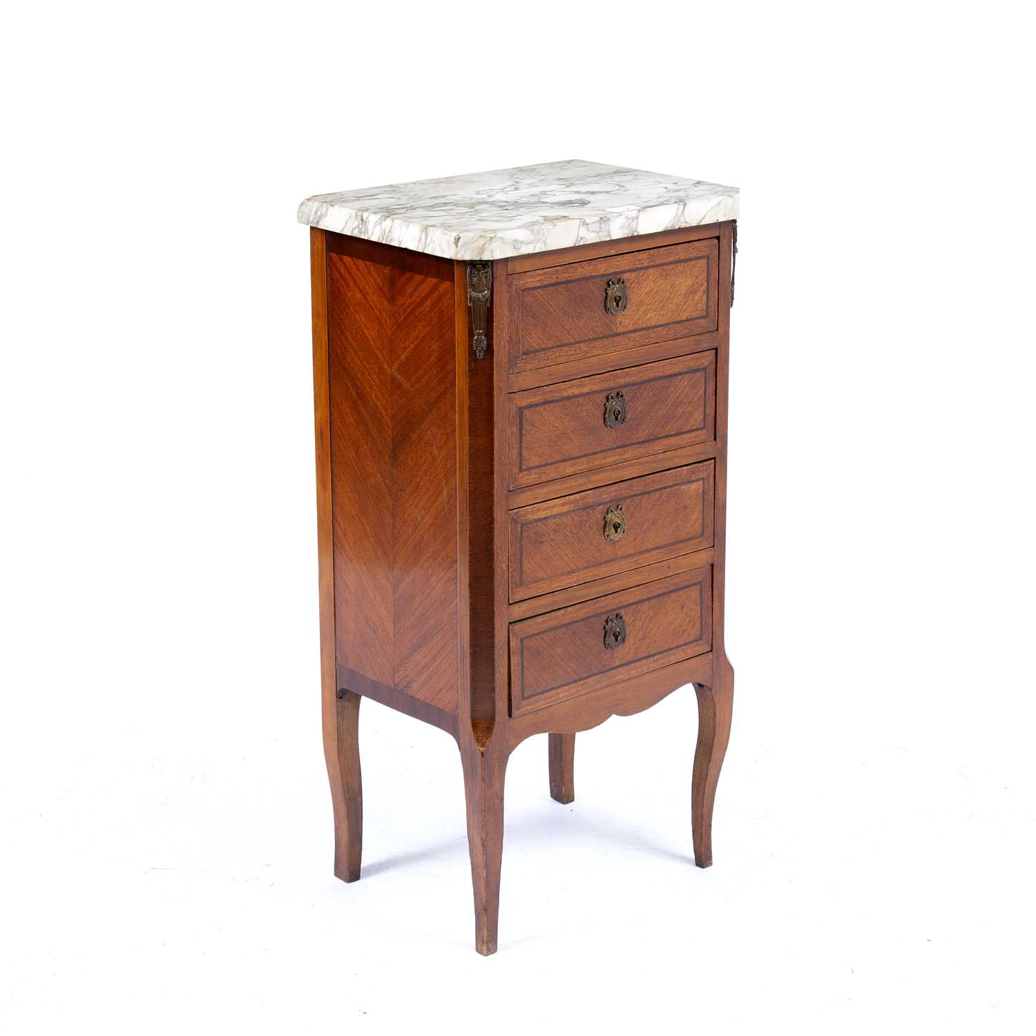 A French mahogany veneered narrow chest, of four drawers, with marble top, on shaped legs, 42cm - Image 2 of 3