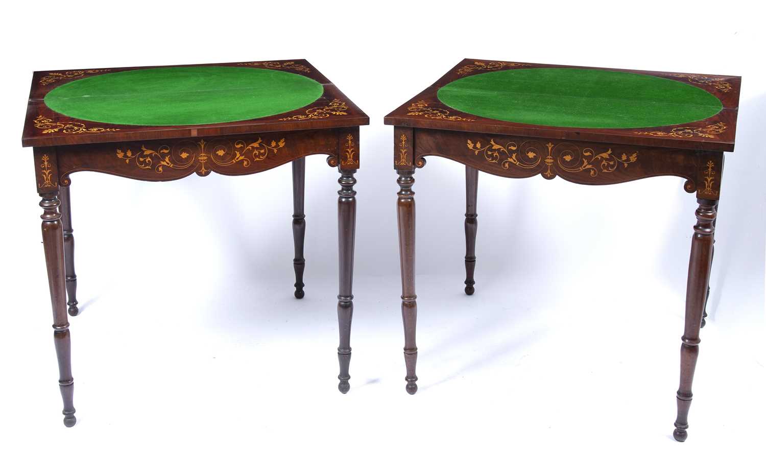 A pair of Victorian mahogany fold over top card tables, the tops inlaid with scrolling and flowering - Image 4 of 5