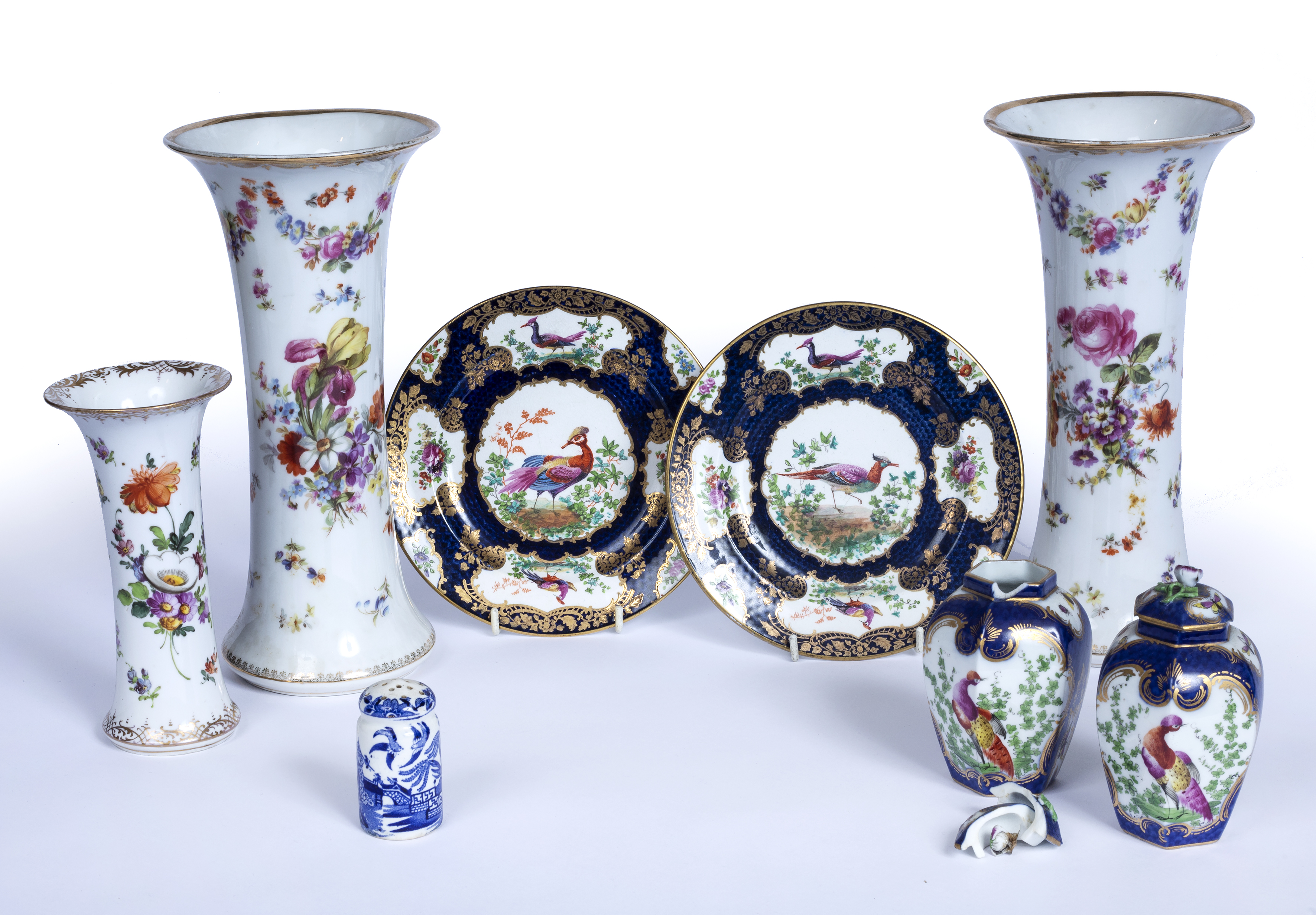 A group of 19th century ceramics to include a pair of Dresden vases, 26.5cm high, another 17cm high,