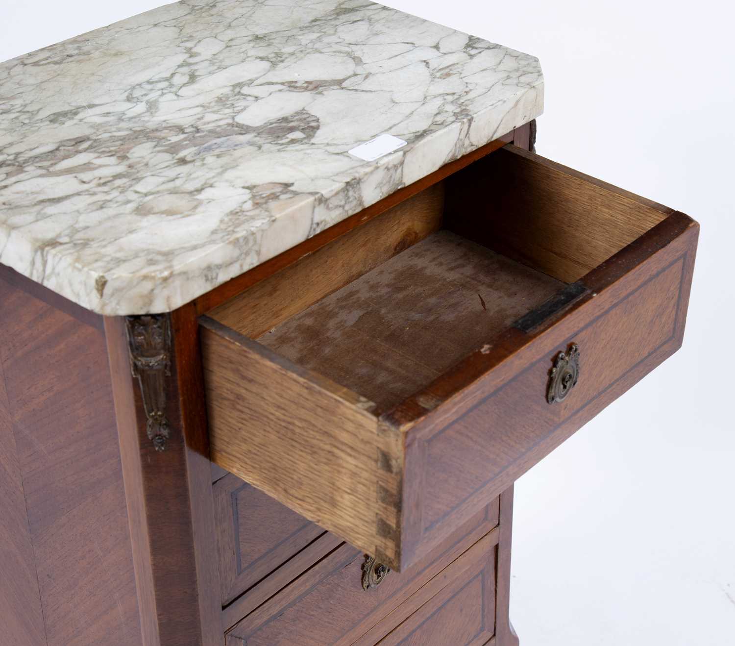 A French mahogany veneered narrow chest, of four drawers, with marble top, on shaped legs, 42cm - Image 3 of 3