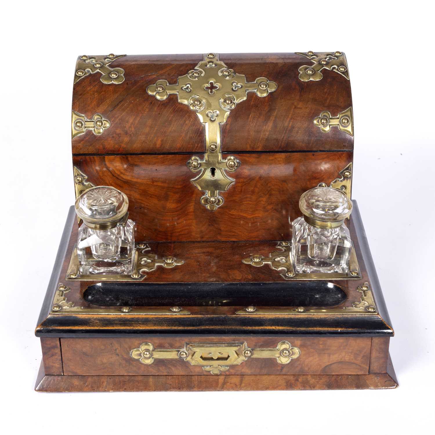 A Victorian figured walnut and brass mounted library desk stand, with correspondence box, twin glass - Image 2 of 3