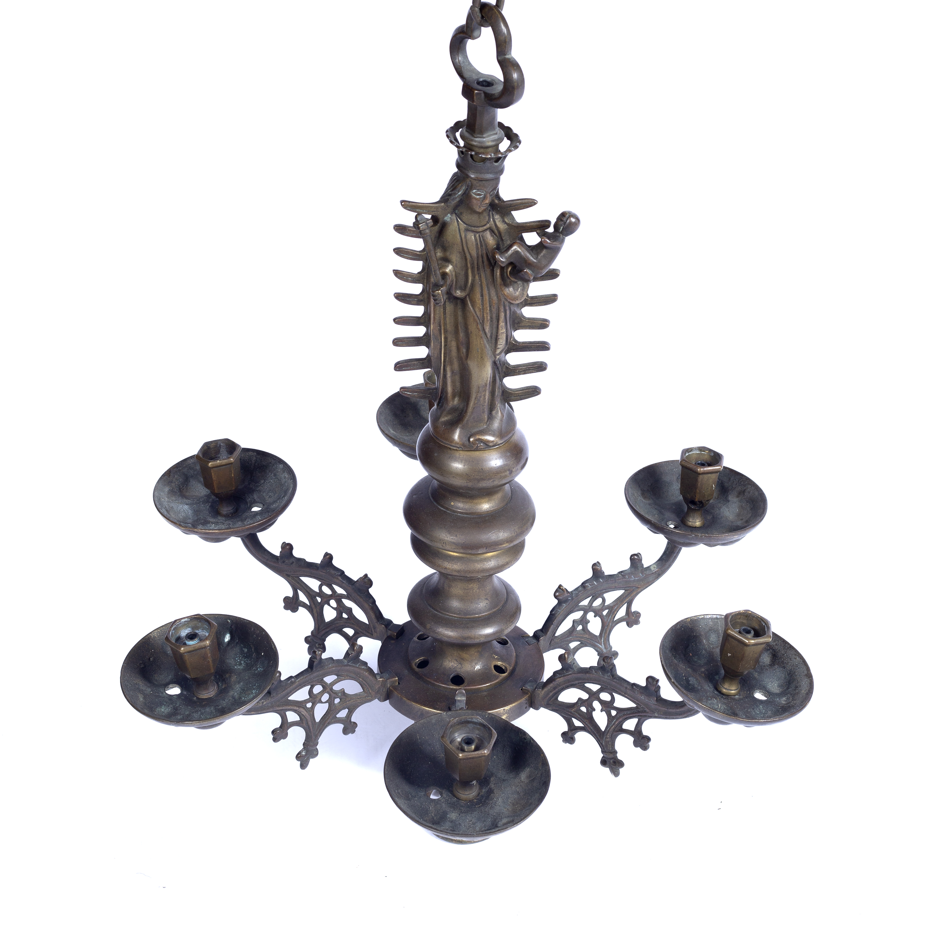 An Antique Gothic style six branch brass chandelier, surmounted by Madonna and Child, 60cm high - Image 4 of 4