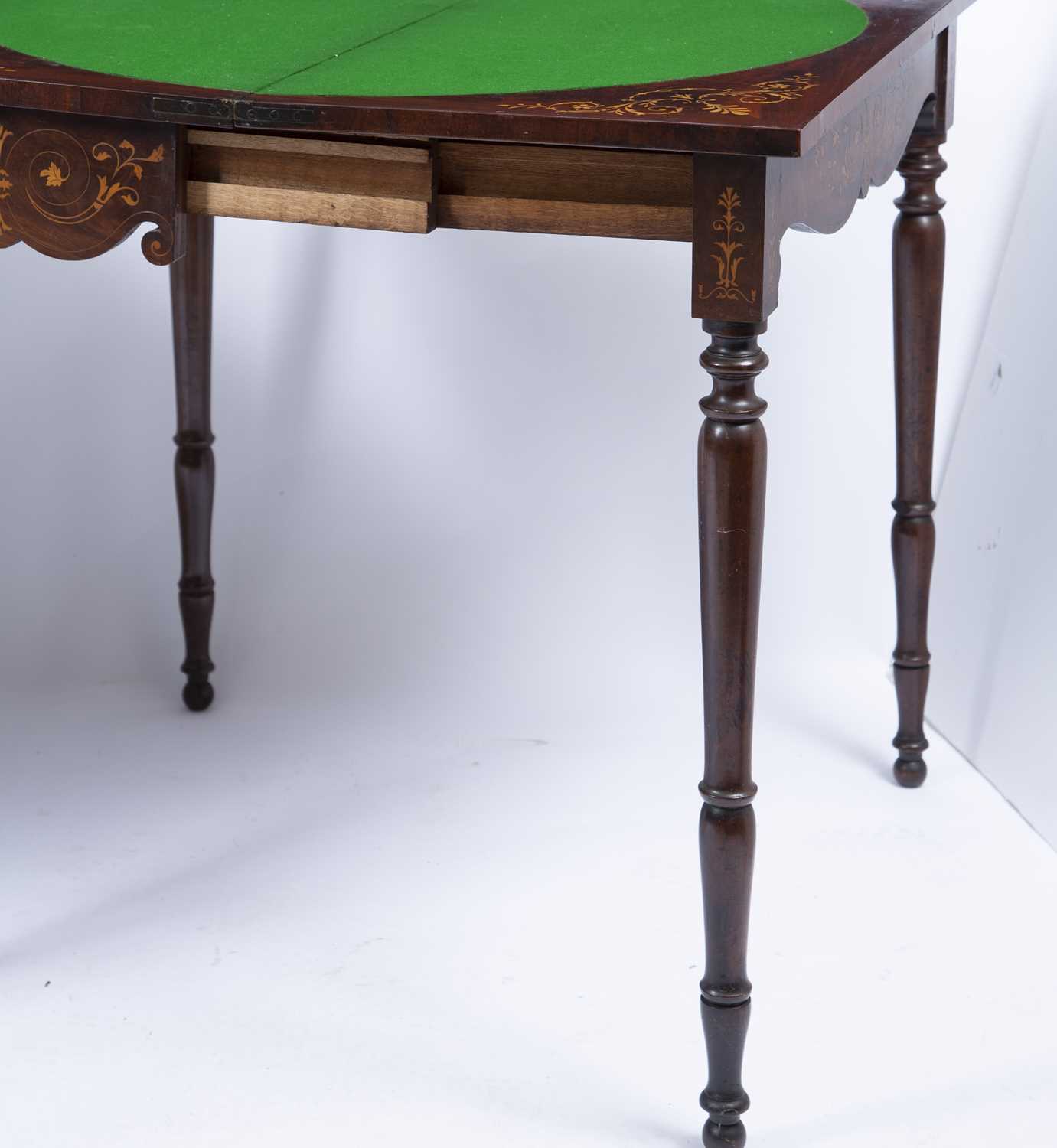 A pair of Victorian mahogany fold over top card tables, the tops inlaid with scrolling and flowering - Image 5 of 5