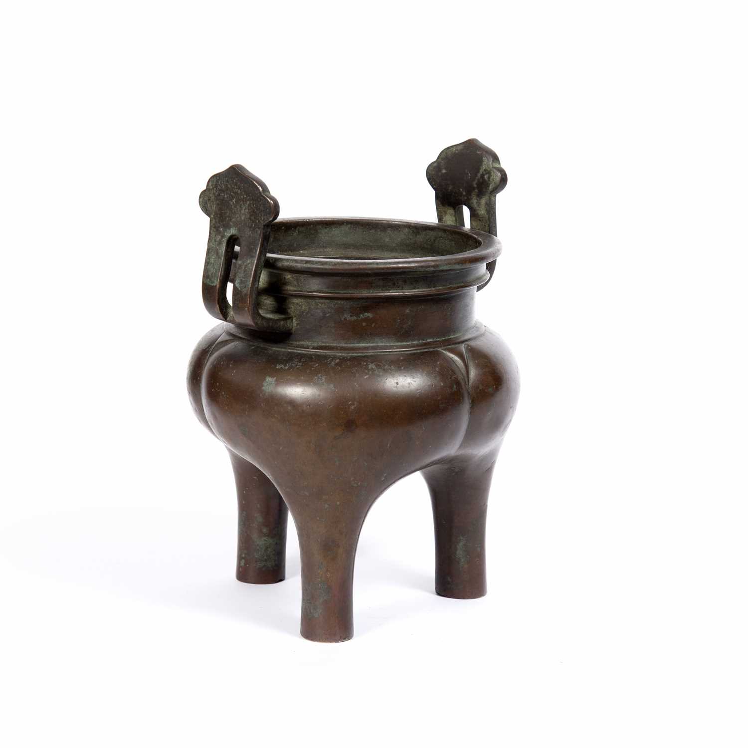 A Chinese 18th Century bronze tripod censer, with looped handles and lobed body, 24cm high - Image 3 of 4