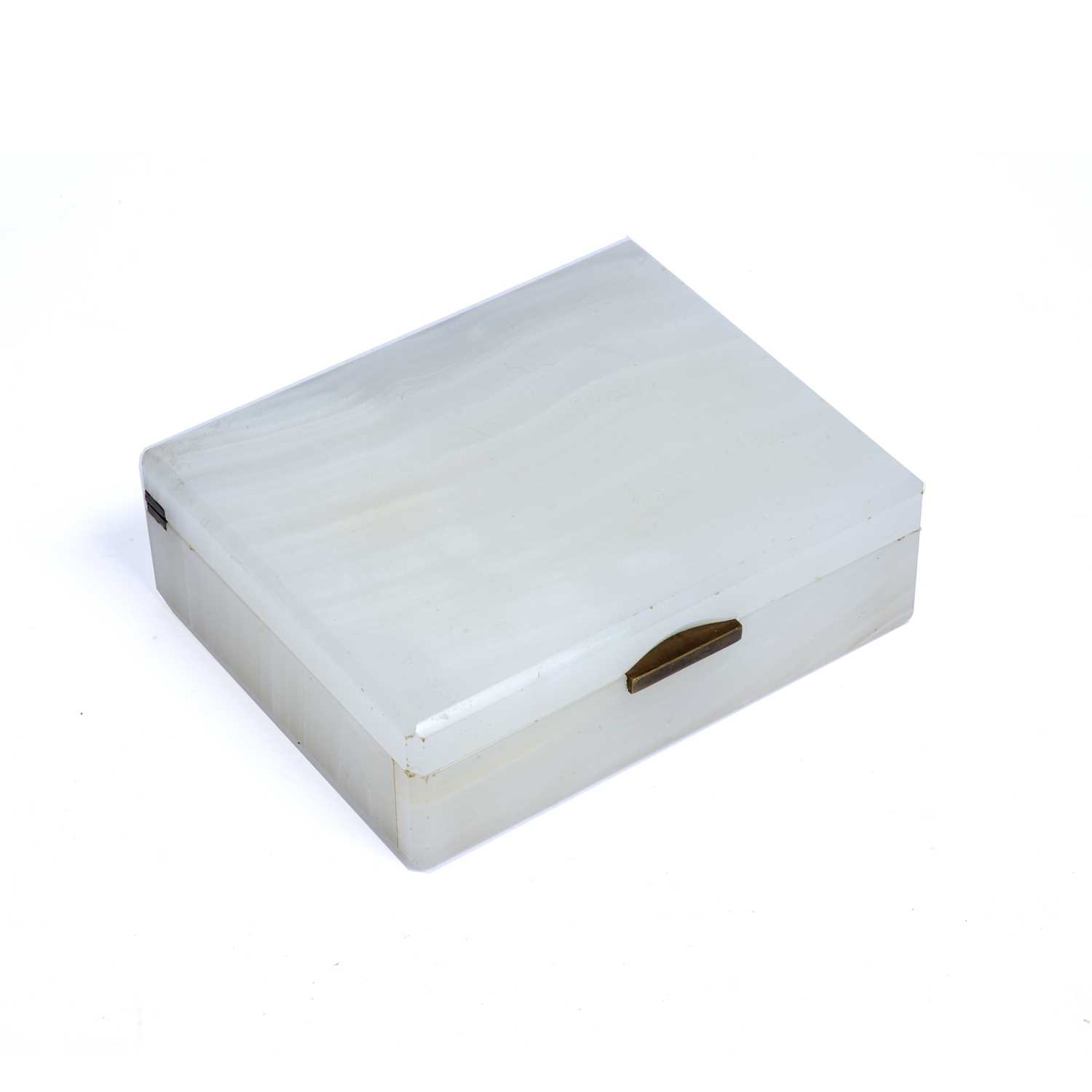 An Art Deco white onyx rectangular box, the sprung gilt metal hinge stamped 'Betjemann's Patent, No. - Image 2 of 6