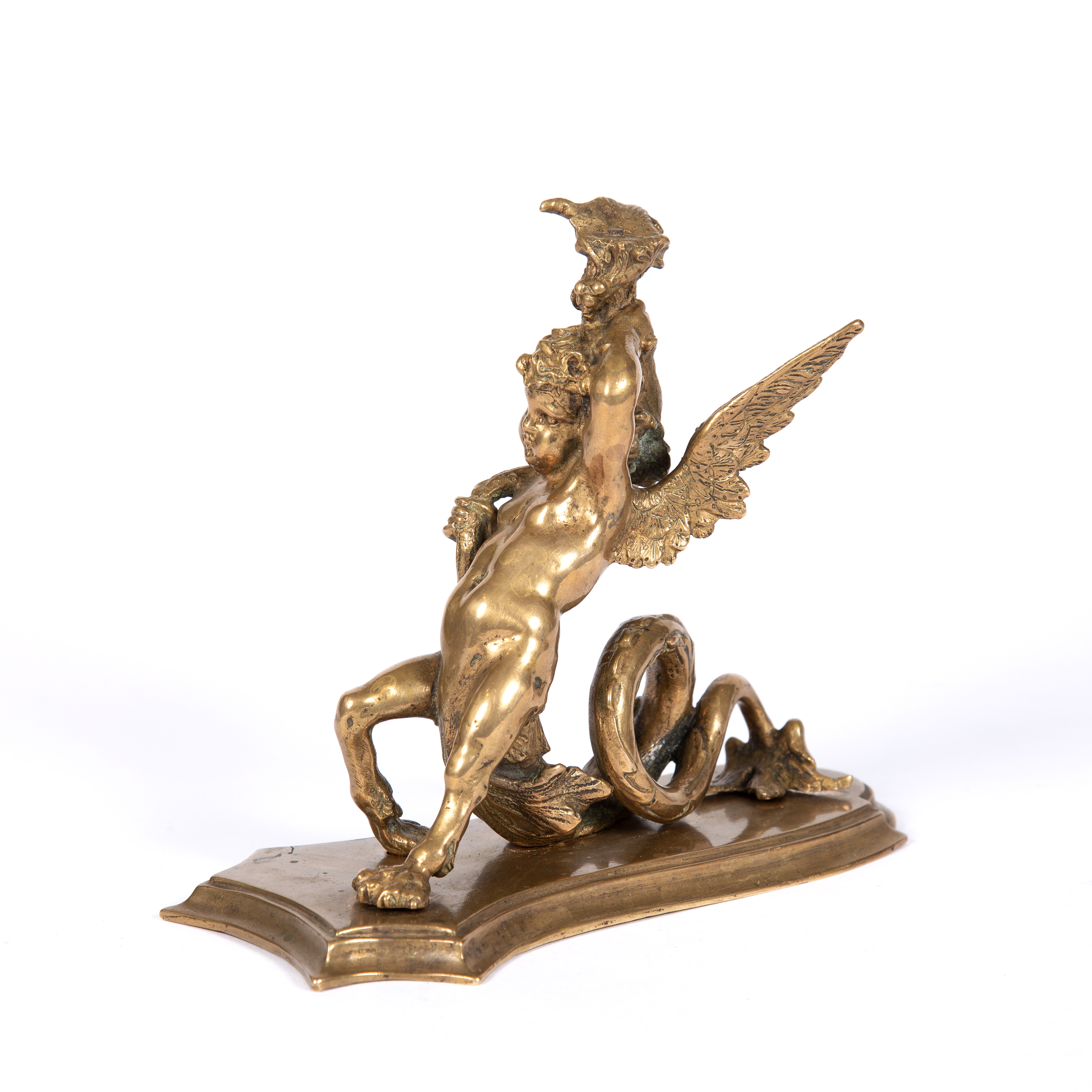 A late 17th Century Italian gilt bronze mount, in the form of a putti with hippocampus tail and - Image 4 of 4