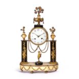 An early 19th century French mantel clock, the striking drum movement with white enamel dial and