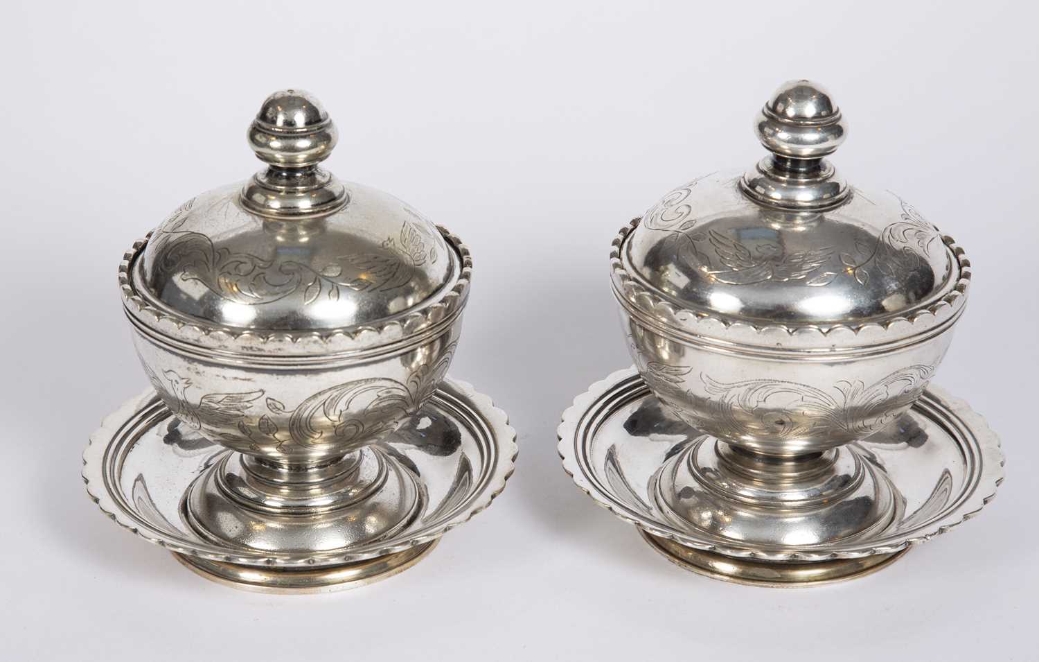 A pair of late 18th / early 19th Century Islamic silvered sweetmeat dishes, lidded cover and bowls - Image 2 of 2