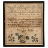 A traditional child's needlework sampler by Mary Ann Brasher 1827 with alphabet, rhyme and vase of