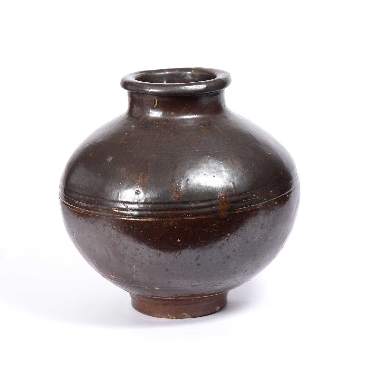 A Chinese Tang Dynasty stoneware vessel, globular body with moulded rim covered on the exterior with - Image 2 of 3