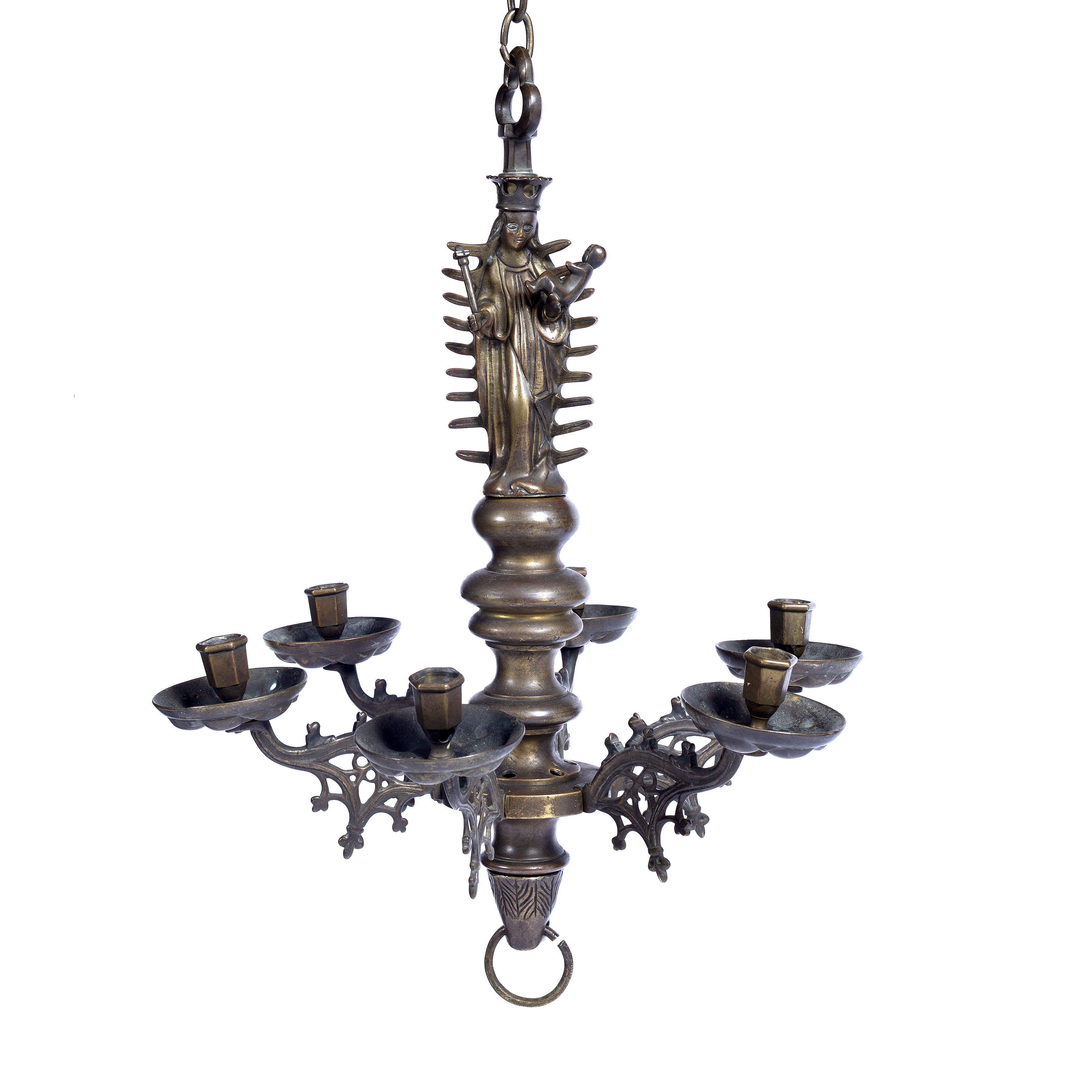 An Antique Gothic style six branch brass chandelier, surmounted by Madonna and Child, 60cm high