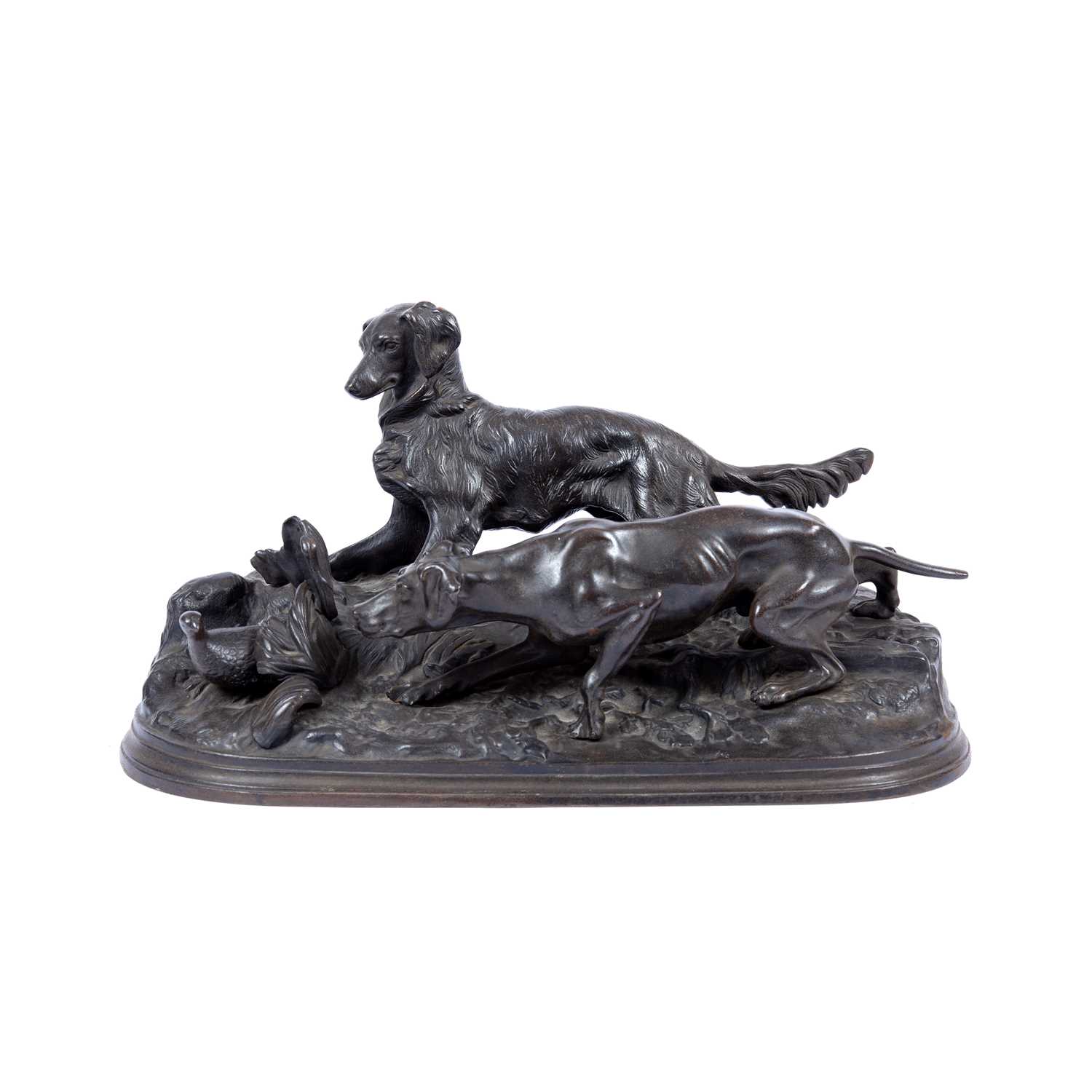 A Russian cast iron animalier group, depicting a pointer and retriever flushing a game bird, Kashi