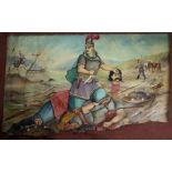 A large 19th century Middle Eastern oil painting depicting a battle scene with graphic detail and