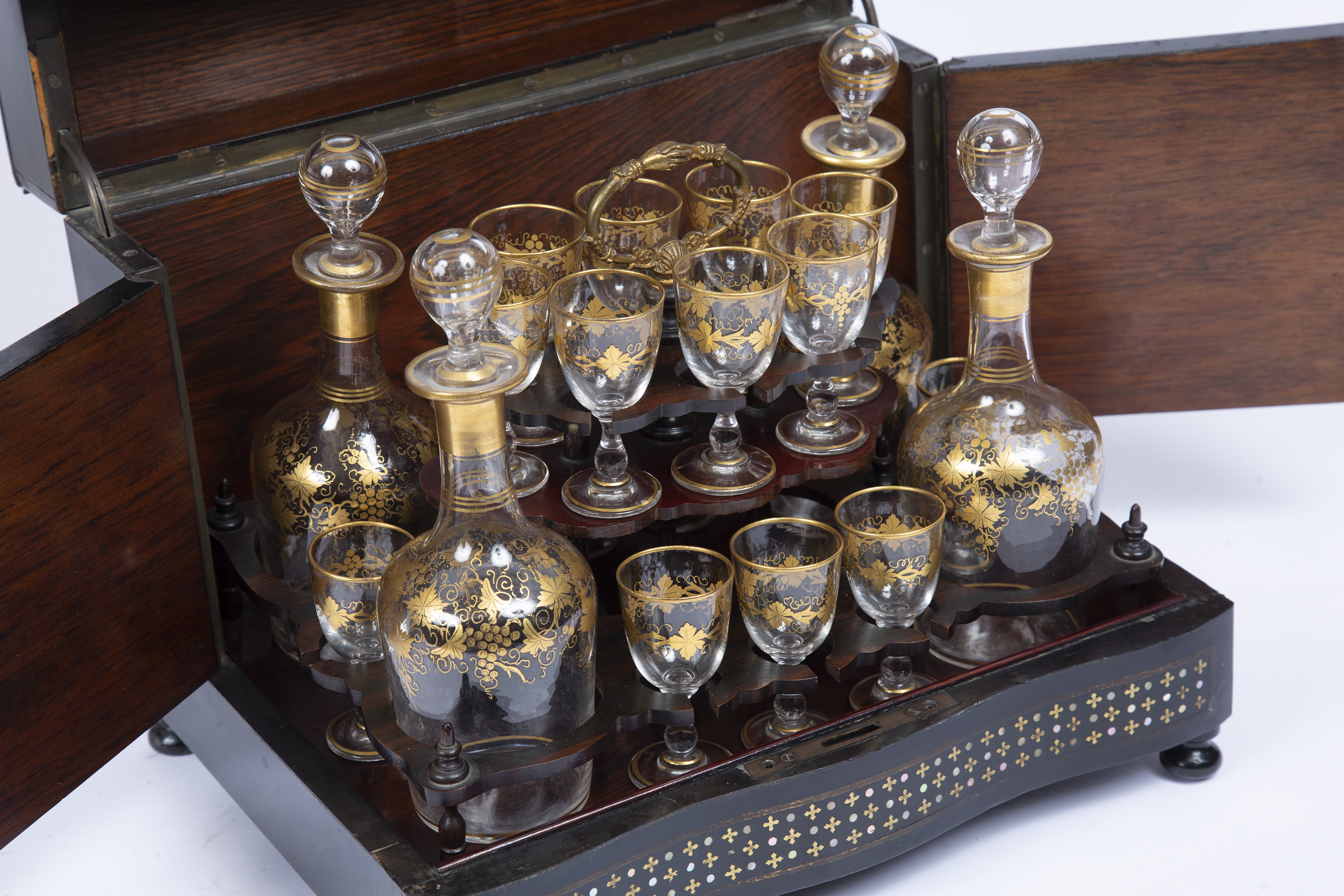 A late 19th century French gilded glass liqueur set, sixteen small baluster glasses and four - Image 6 of 6