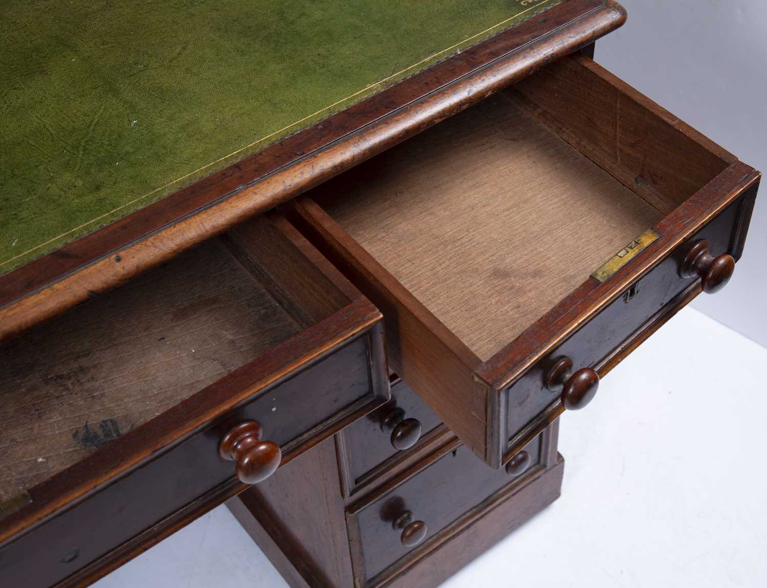 A Victorian mahogany pedestal desk, the top with morocco leather inset above one long and eight - Image 5 of 5