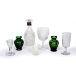 A group of seven pieces of Antique glass to include a silver mounted decanter with mushroom stopper,
