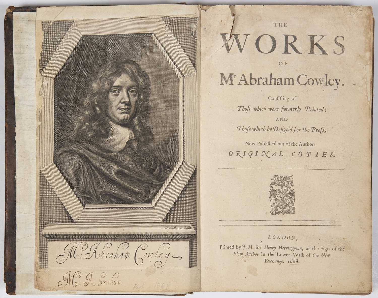 Cowley (Abraham) Works thereof. Herringham, London 1668 with portrait frontispiece after - Image 2 of 2