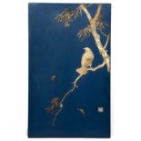 A 19th Century Japanese panel, bird seated on a branch image made from carved ivory inlay and a blue