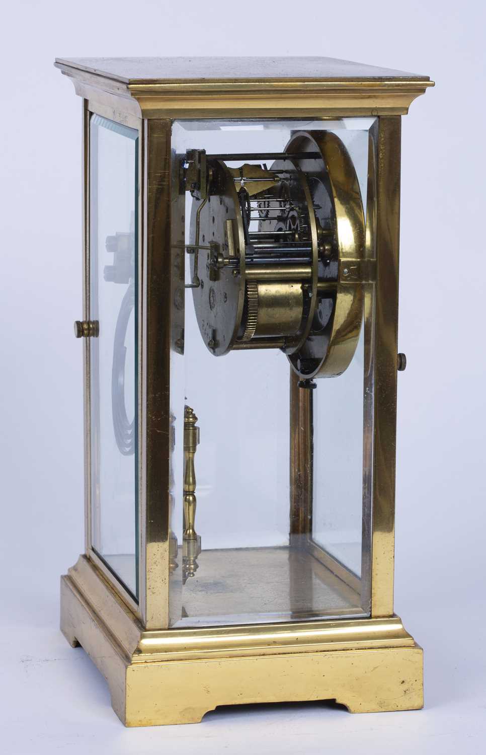 A late 19th century brass four glass mantel clock, with circular white enamel dial, the movement - Image 3 of 5