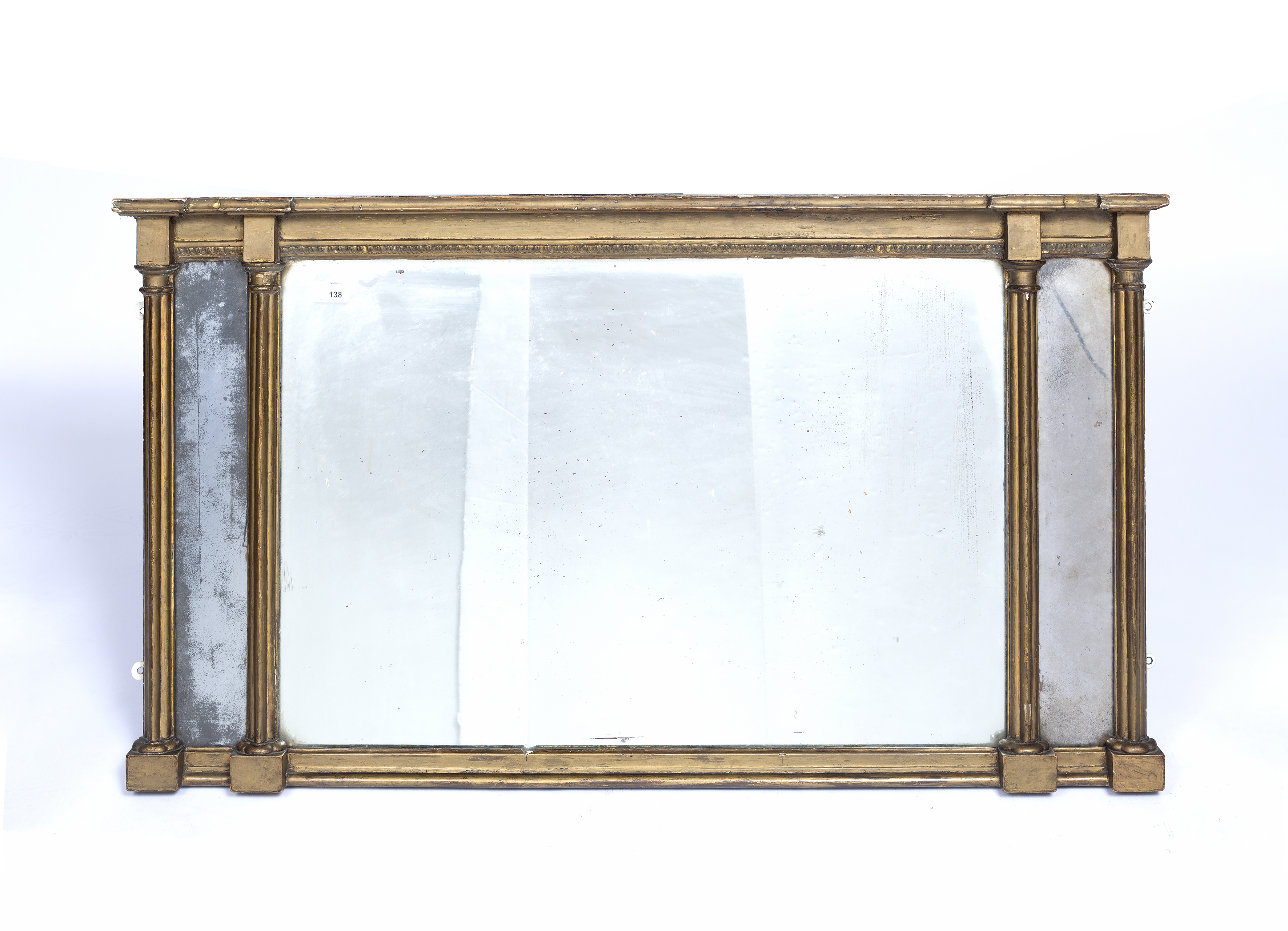 A 19th century giltwood three sectional overmantel mirror with fluted pilasters, 109 x 60cm