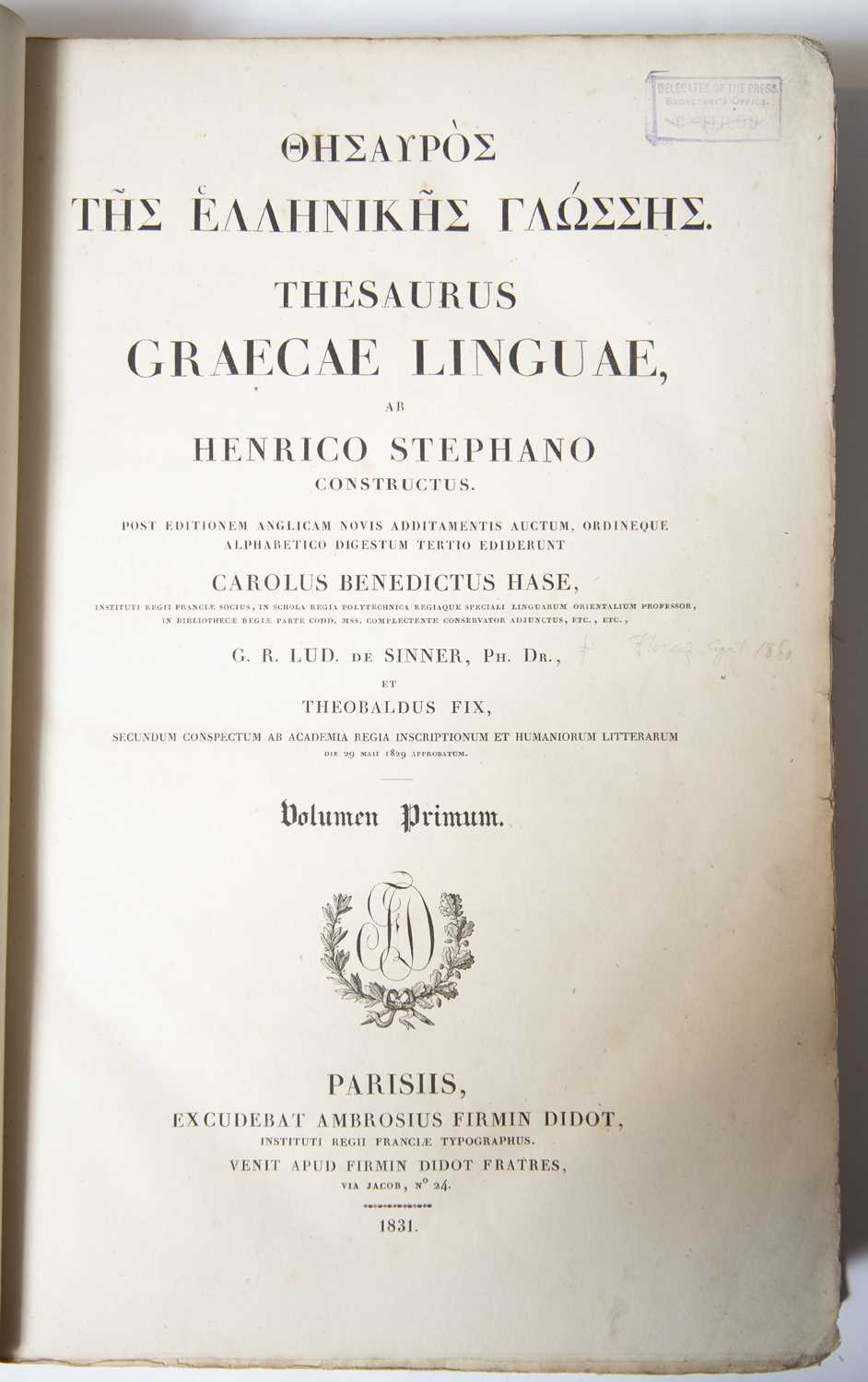 de Sinner (G.R. Lud) and Fix (Theobaldus) Thesaurus Graecae Linguae. Greek/Latin Ambrosius Firmin - Image 2 of 2