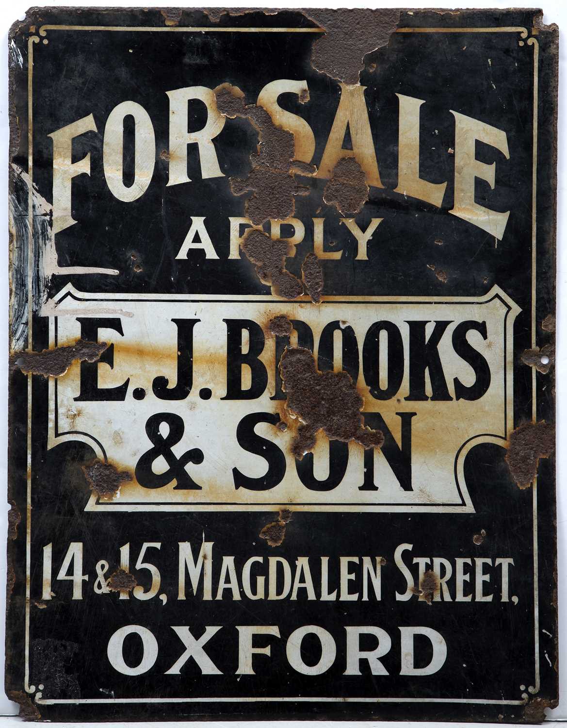 A vintage enamel For Sale sign, for E.J. Brooks & Son, Oxford, 56 x 43cm