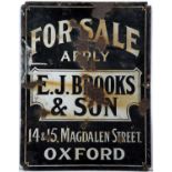 A vintage enamel For Sale sign, for E.J. Brooks & Son, Oxford, 56 x 43cm