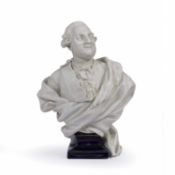 A white ceramic bust of a French nobleman with robes on a blue lustre plinth, crossed forks mark,
