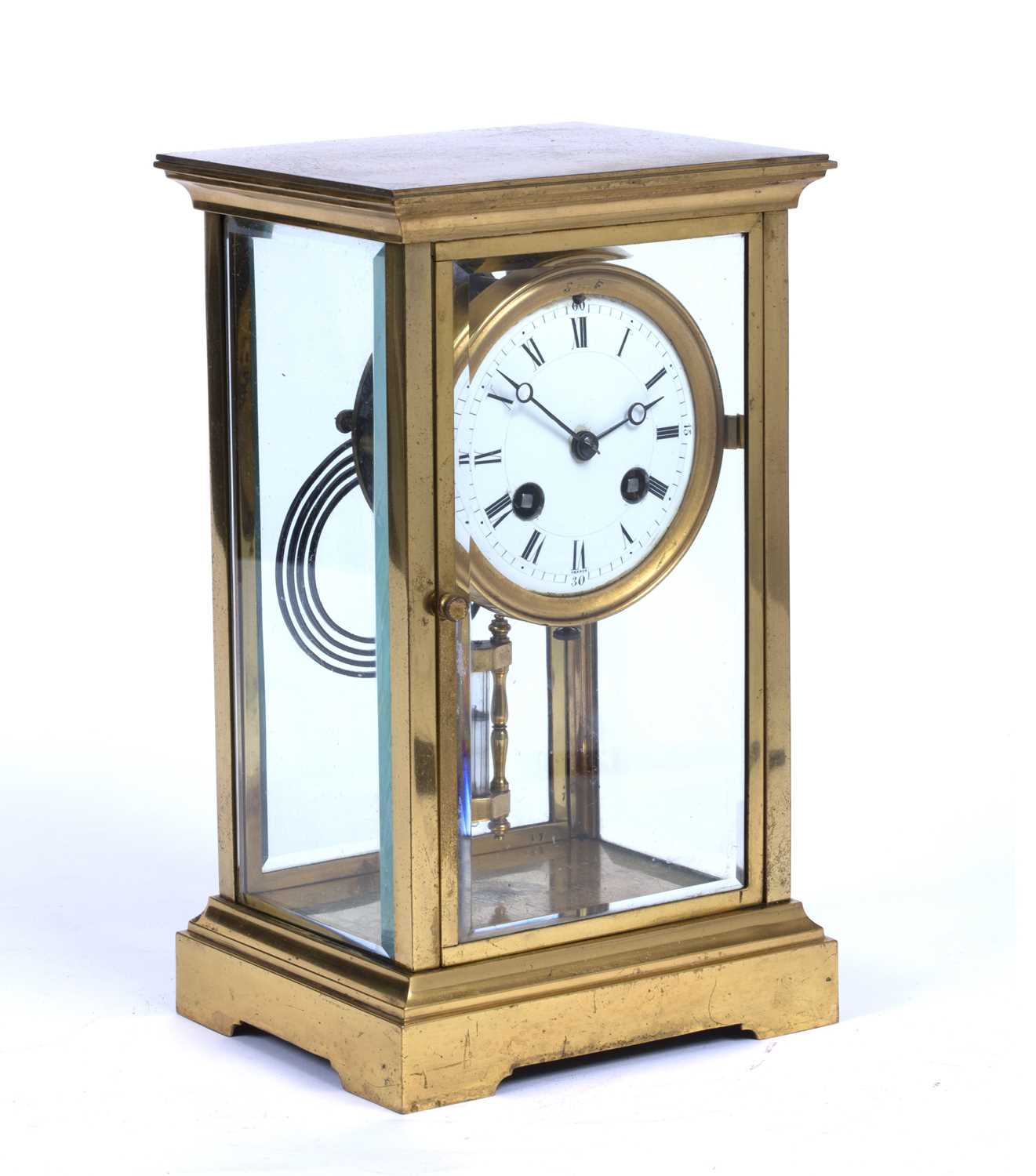 A late 19th century brass four glass mantel clock, with circular white enamel dial, the movement - Image 2 of 5