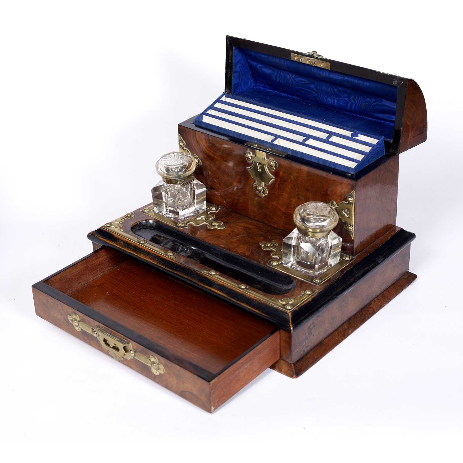 A Victorian figured walnut and brass mounted library desk stand, with correspondence box, twin glass - Image 3 of 3