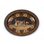A late 19th century Sorrento ware oval tray, inlaid and stained with a group of musicians within a