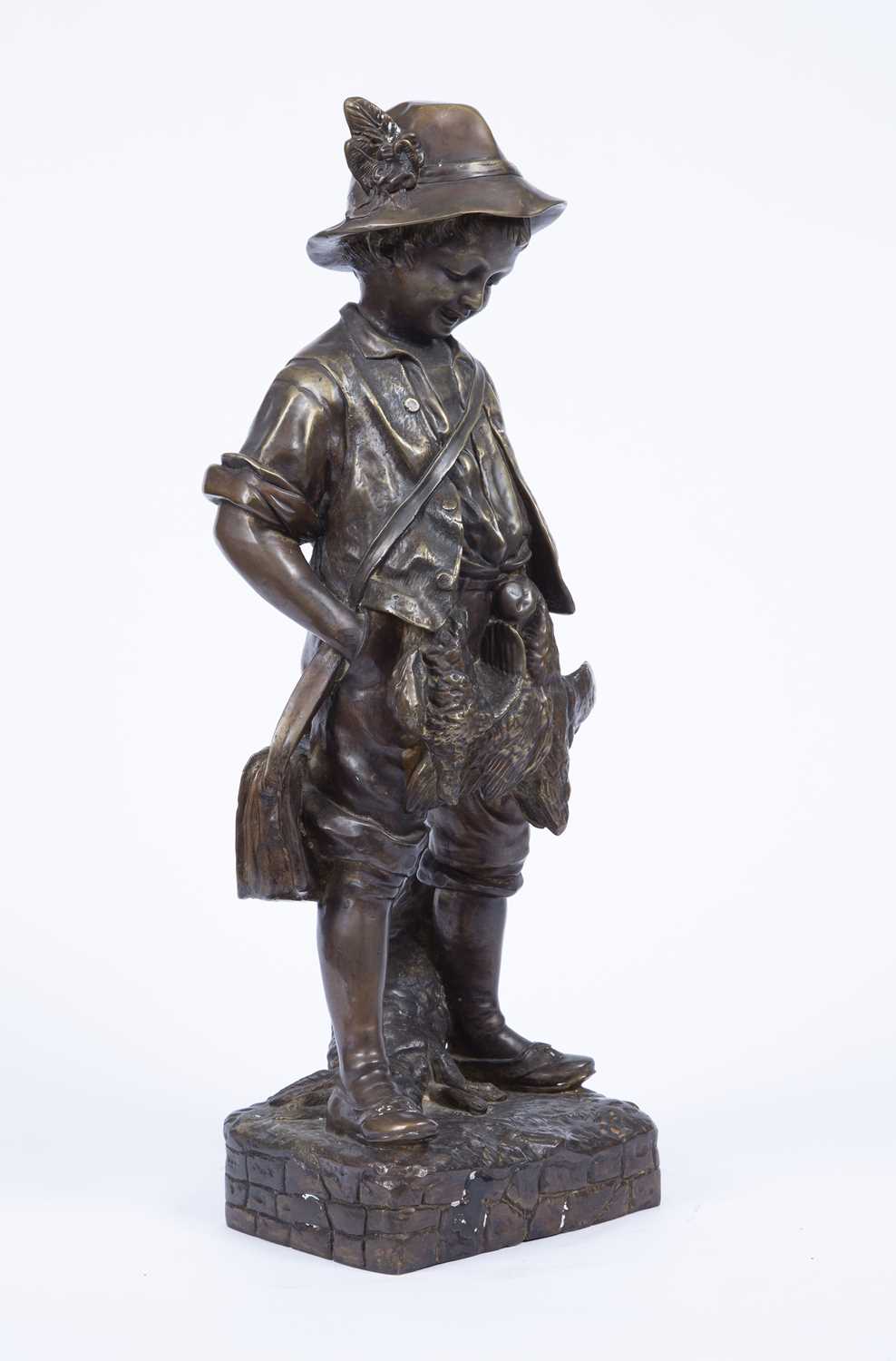 After Auguste Moreau - A filled bronze figure of a boy poacher, carrying his catch and wearing hat - Image 3 of 5