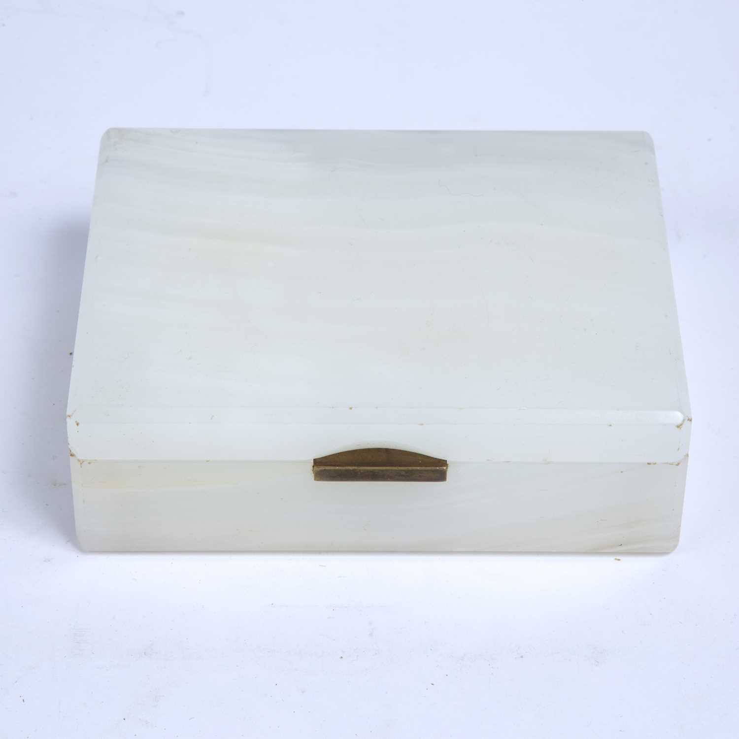 An Art Deco white onyx rectangular box, the sprung gilt metal hinge stamped 'Betjemann's Patent, No. - Image 3 of 6