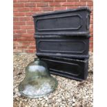 Three grey painted composite small troughs, 60.5cm long x 22cm deep x 26cm high and a glass