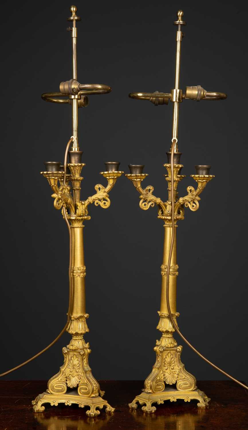 A pair of table lamps constructed from ormolu candlesticks with three scrolling branches and cast - Image 3 of 3